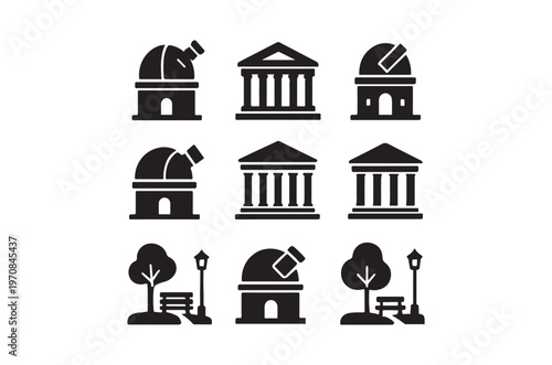 Black silhouette icons representing observatories buildings and park scenes