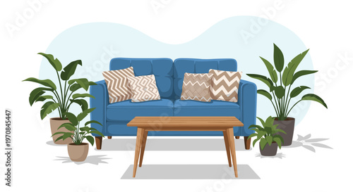 Modern and inviting living room interior design featuring a comfortable blue sofa, wooden coffee table, and lush green potted plants.