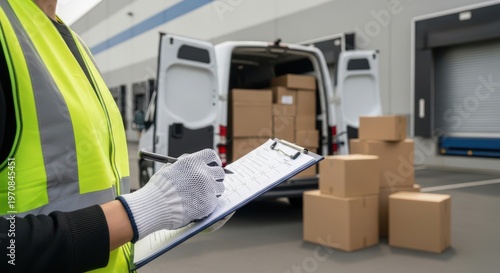 A delivery person in a high-visibility vest checks off a delivery on a clipboard in front of a van full of boxes