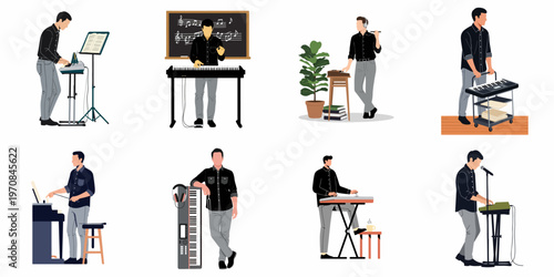 Set of flat vector illustrations of a male musician playing electronic keyboards, composing music, and teaching in various creative settings.