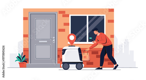 Smart autonomous delivery robot dropping off a paper bag at the front door of a brick house while a man checks his smartphone app.