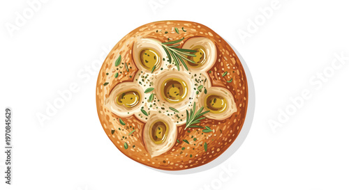 A round focaccia bread with six olive oil pools and rosemary sprigs is presented from a top-down perspective on a white background.