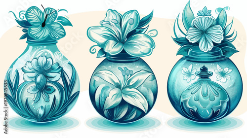 Three decorative aqua glass vessels, each with different floral arrangements, against a beige background