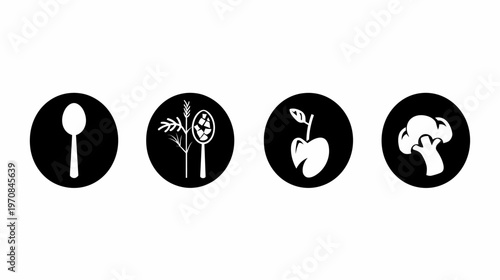 A collection of four black circle icons. Features a spoon, plants in spoon, a fruit with a leaf, and a vegetable