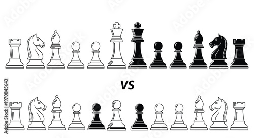 Collection of white and black chess pieces arranged in two rows with a central VS text symbol for a strategic competition concept.