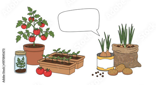 Various indoor plants and vegetables including tomatoes and onions growing in different pots with a blank speech bubble for text.