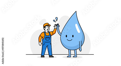 Cartoon plumber with water drop character.
