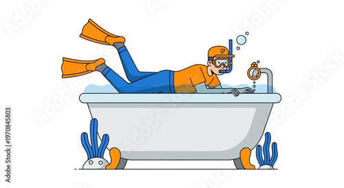 Man Relaxing in a Bathtub Wearing Diving Gear.