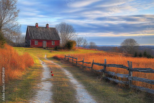 A rustic red barn sits on a hilltop overlooking a scenic autumn landscape, with a dirt road leading to it and birds walking along it
