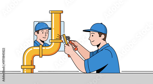 Plumber fixing a large yellow pipe.