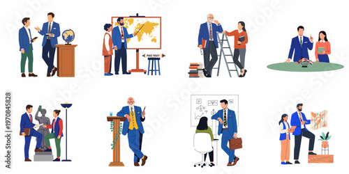 Set of flat vector illustrations featuring diplomats, teachers, and students engaging in international relations, history studies, and professional mentoring in various settings.