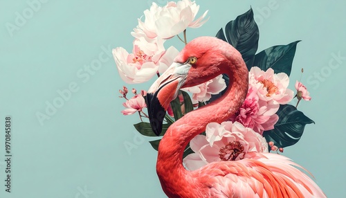 A pink flamingo with floral arrangement on teal background