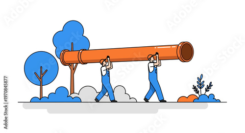 Two men carrying large orange pipe.