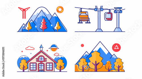 A collection of vibrant vector illustrations depicting mountain scenery, buildings, and recreational elements