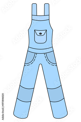 Work overalls. Blue workwear with pockets for gardening. Color vector illustration. Isolated on white background. Web design concept.