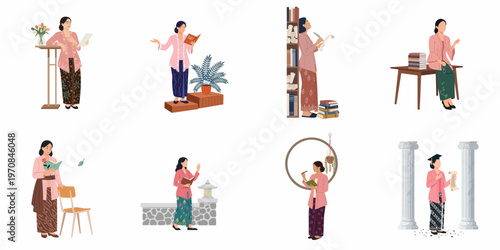 Flat illustration set of Indonesian women in traditional kebaya celebrating Kartini Day through education, reading, writing, and literature activities.