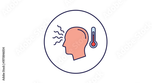 Medical icon of a human head with a thermometer and wavy lines representing symptoms of a high fever and severe headache.