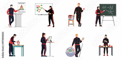 Set of flat vector illustrations depicting sports science, nutrition education, coaching, and healthy lifestyle concepts featuring diverse trainers and students.
