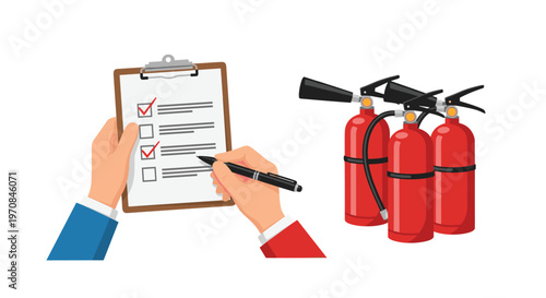 Two hands mark a checklist on a clipboard next to three red fire extinguishers on a white background.