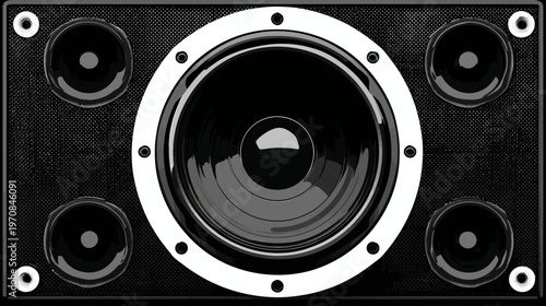 A black and white speaker with a large central speaker and smaller surrounding speakers
