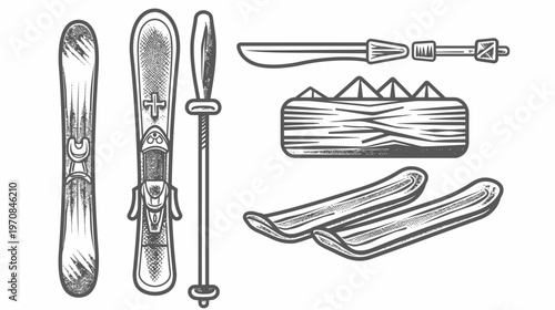 Black and white illustrations of winter sport equipment, including skis and a knife