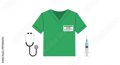 A green medical scrub top is displayed with a stethoscope and a syringe on a plain white background.