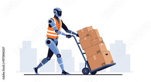 Humanoid robot wearing an orange safety vest pushing a hand truck loaded with cardboard boxes through a city street scene.