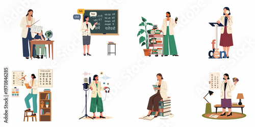 Flat vector set of women teaching languages, linguistics, and literature, featuring educators, students, and professional scenes in various educational settings.