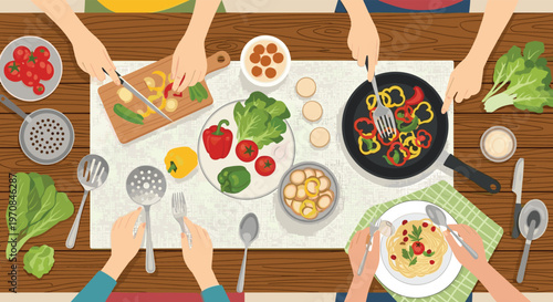 Overhead view of family and friends preparing a healthy meal with fresh vegetables and pasta together on a wooden table.