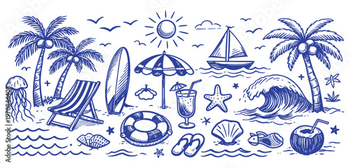 Hand Drawn Summer Beach, Sea and Surf Doodle Vector Illustration Set with Tropical Coastal Elements, Palm Trees, Ocean Waves, Surfboards and Sun with Ornament for T Shirt, Poster and Print Design