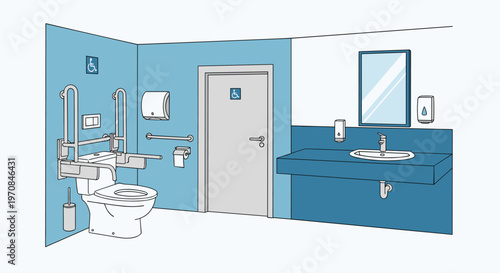 Modern accessible bathroom layout featuring a toilet with safety grab bars and a sink with wheelchair accessibility icons.