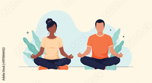 Diverse man and woman sitting in a lotus position and meditating in a peaceful environment with green plants in the background.