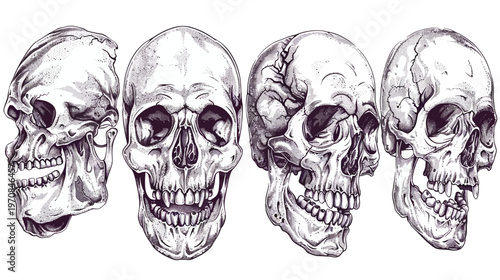 Four stylized human skull illustrations with various perspectives, isolated on a white background