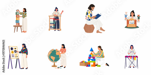Set of illustrations depicting female teachers or mothers engaging in various educational activities with children's toys and learning tools.