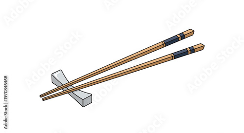 Pair of simple wooden chopsticks resting on a small white ceramic holder isolated on a clean and plain white background.