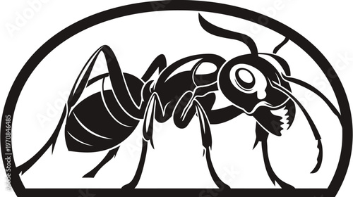 A black and white graphic illustration of an ant enclosed within a rounded frame