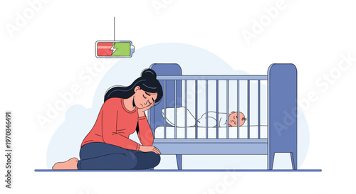Exhausted mother kneeling beside her sleeping baby in a crib with a low battery icon floating above her head in a soft room.