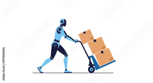 Blue industrial robot pushing a hand truck with three brown cardboard boxes on a white background in a simple illustration.