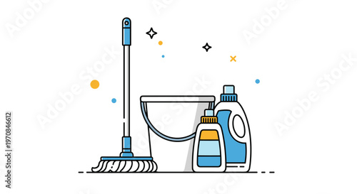 Various cleaning supplies including a mop and bucket along with bottles of detergent and soap on a plain white background.