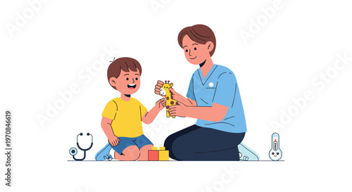A male nurse is playing with a young boy holding a giraffe toy on a white floor.