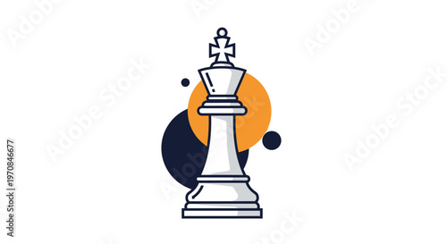 Graphic illustration of a white chess king piece with dark blue and orange circles in the background on a white space.