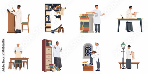 Collection of illustrations featuring men in traditional scholarly attire engaged in historical research, reading books, and examining ancient scrolls in a library setting.