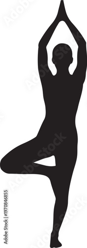 Black silhouette yoga woman, tree pose, vrksasana, fitness icon, vector illustration