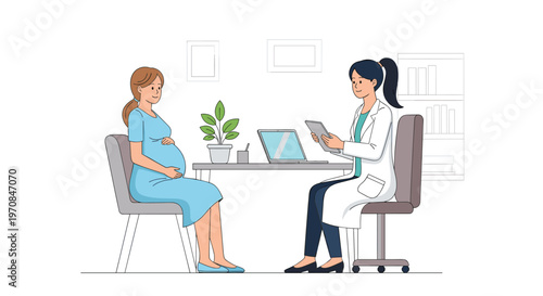 A smiling pregnant woman in a blue dress sits across from a female doctor holding a tablet at a desk in a clean medical office.