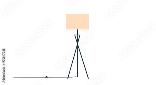 Minimalist floor lamp with a beige shade and a slender black tripod stand isolated on a clean and plain white background.
