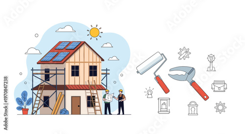 Modern house undergoing renovation with solar panels on the roof and worker discussing plans alongside construction tools.