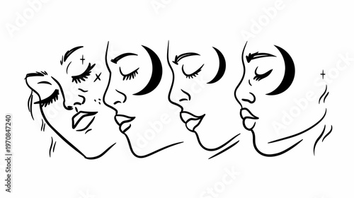 Linear illustration of four female faces in profile, adorned with moons, crosses, and eyelashes