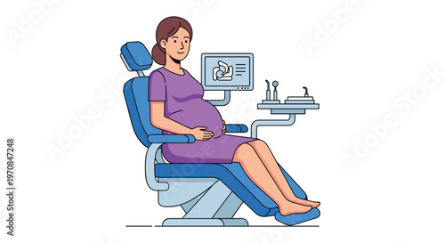 A pregnant woman in a purple dress sits comfortably in a blue dental chair with a monitor and tools nearby.
