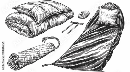 A detailed black and white illustration of camping equipment bedding, blanket, cane, and rolled mat