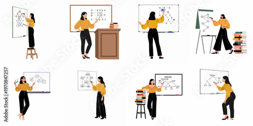 Flat vector illustration set of a female professor teaching linguistics, science, and logic concepts on whiteboards with books in a classroom.